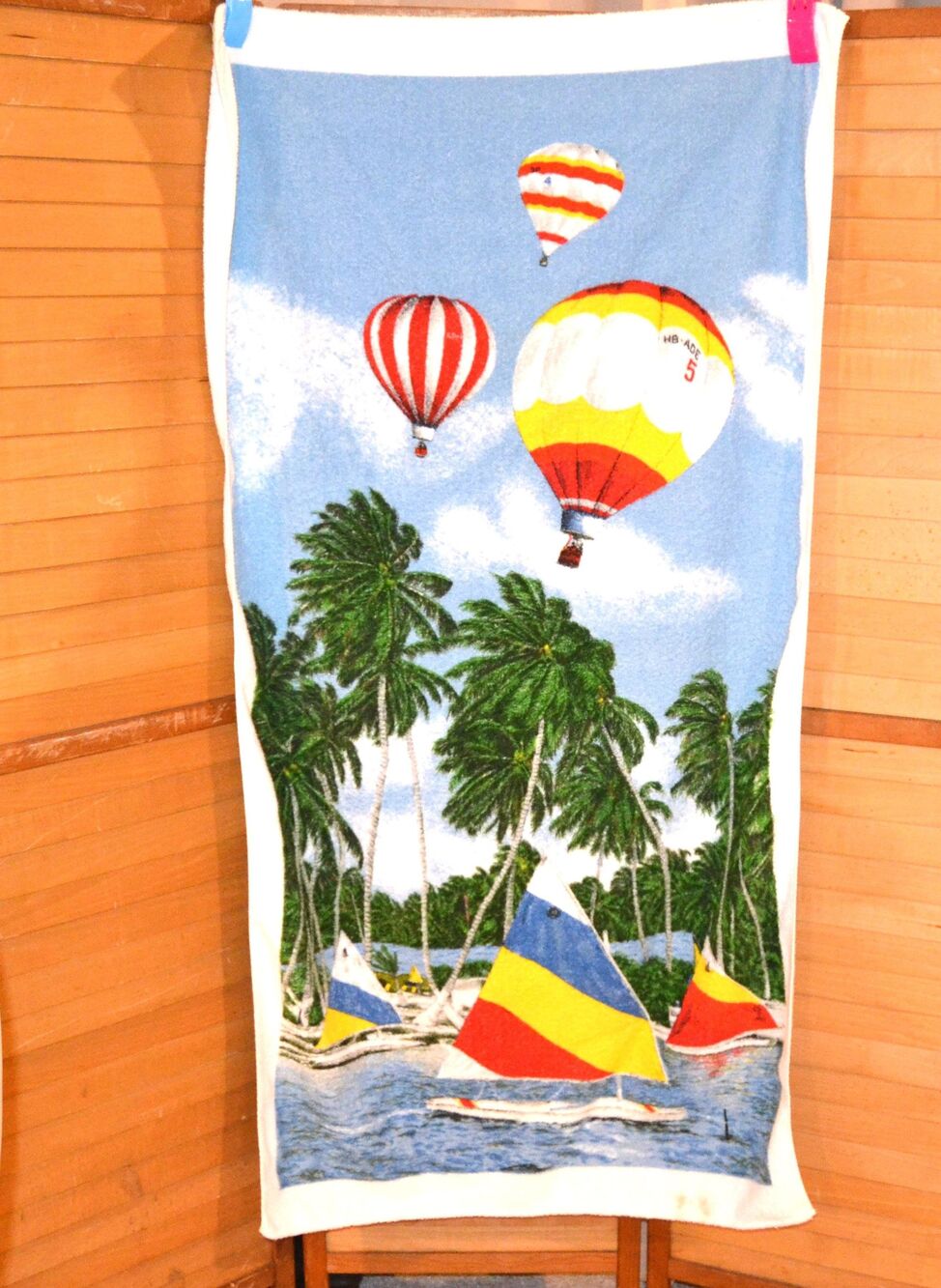 Vintage Beach Towel Hot Air Balloons Tropics Sailboats